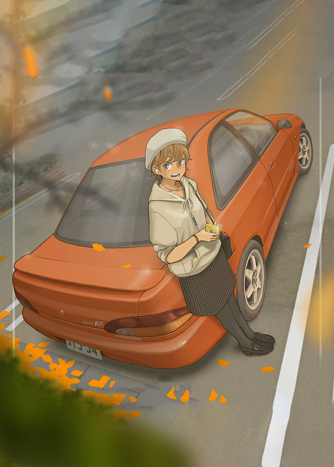 Anime girl with orange car illustration