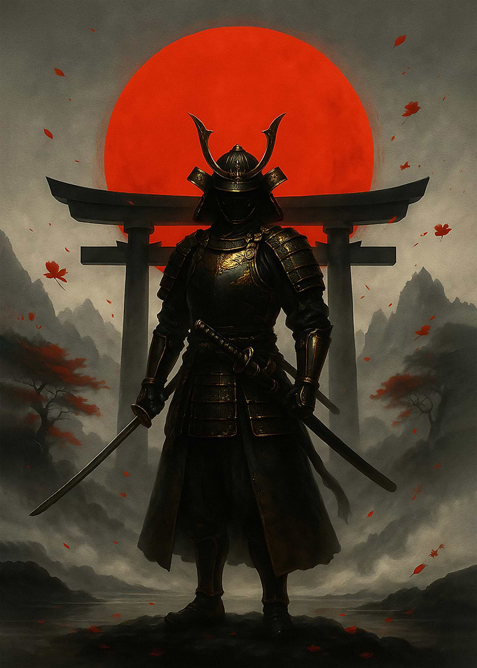 Samurai Warrior with Red Sun Backdrop