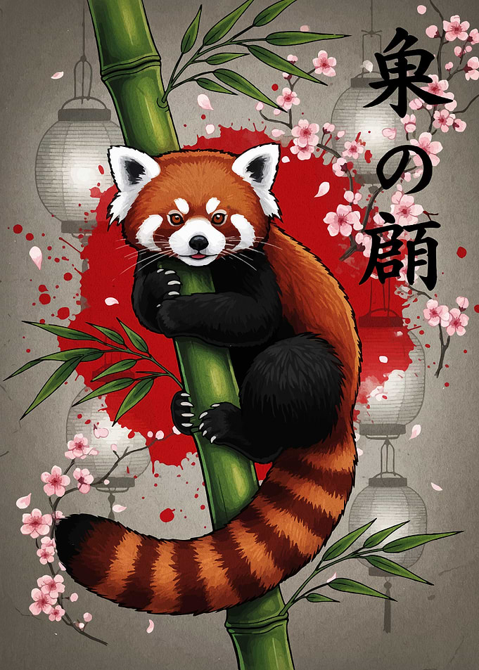 Red Panda on Bamboo with Cherry Blossoms