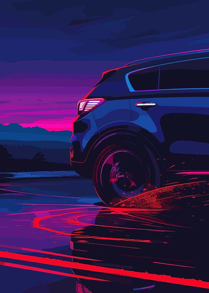 Blue Car at Sunset