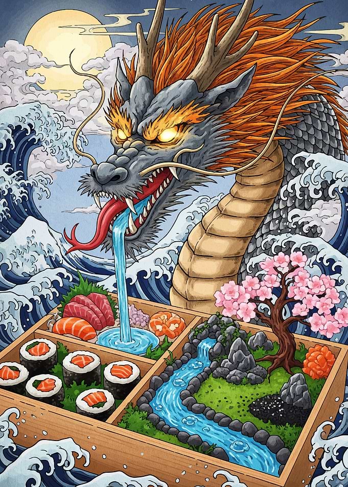 Dragon Bento Box with Sushi and Scenery
