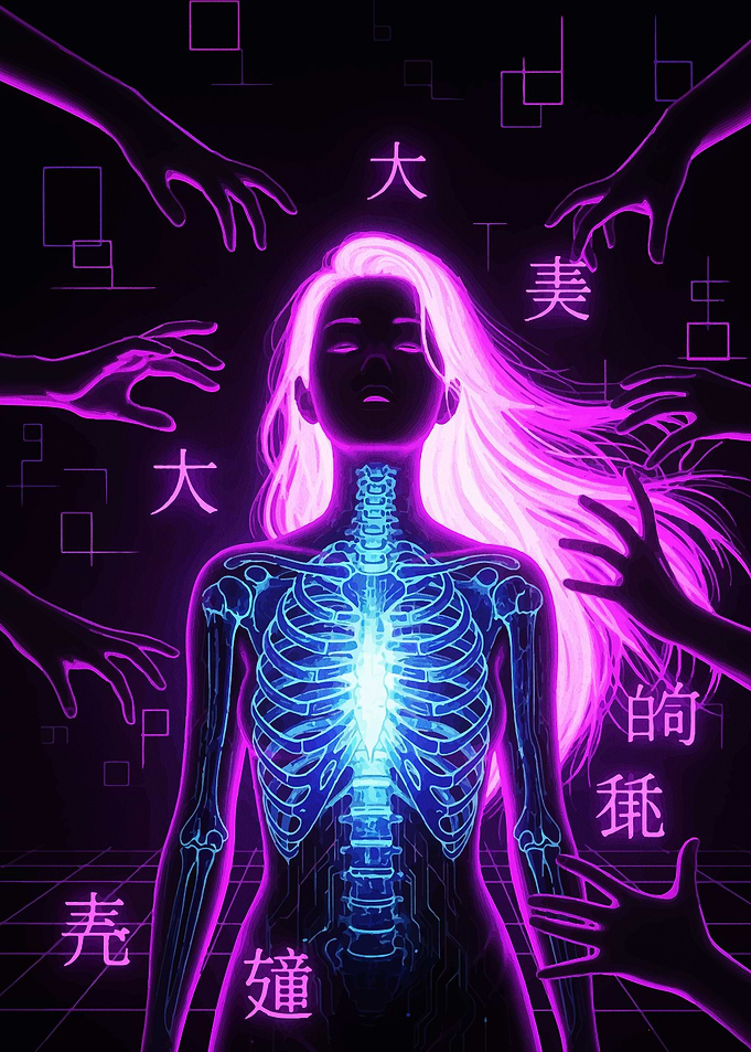 Neon Woman with Skeletal Overlay