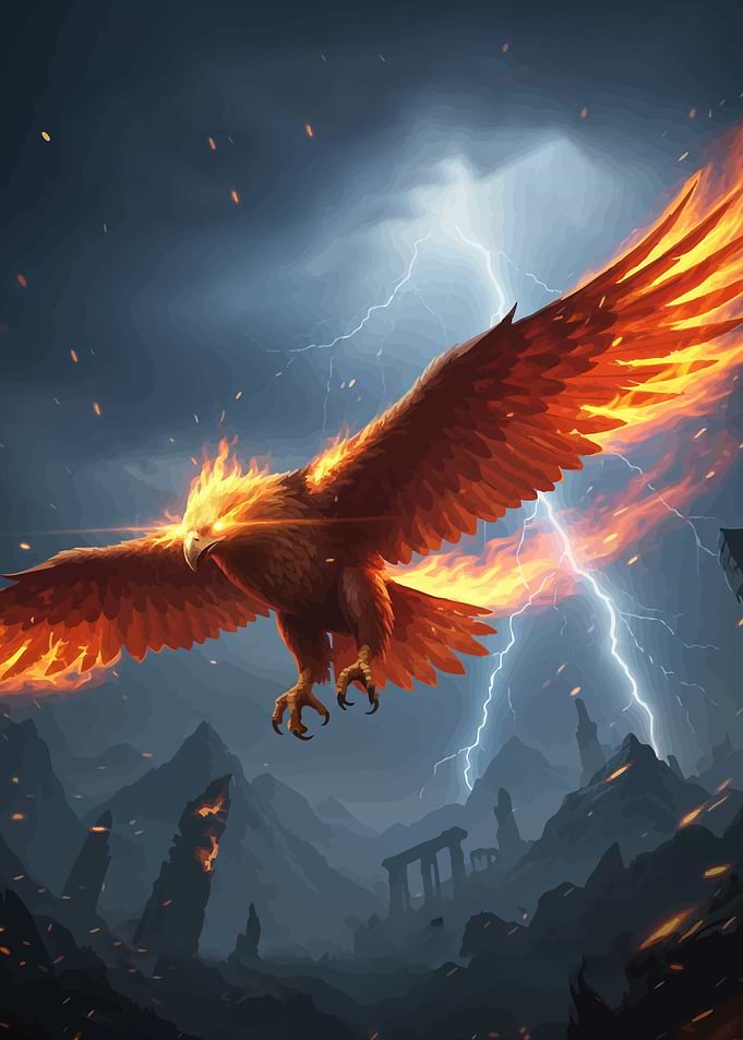Fiery Phoenix Rising Stormy Landscape