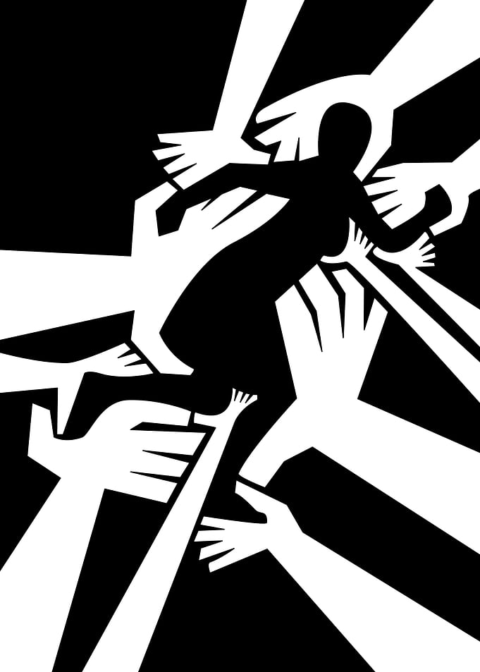 Silhouette Running from Reaching Hands