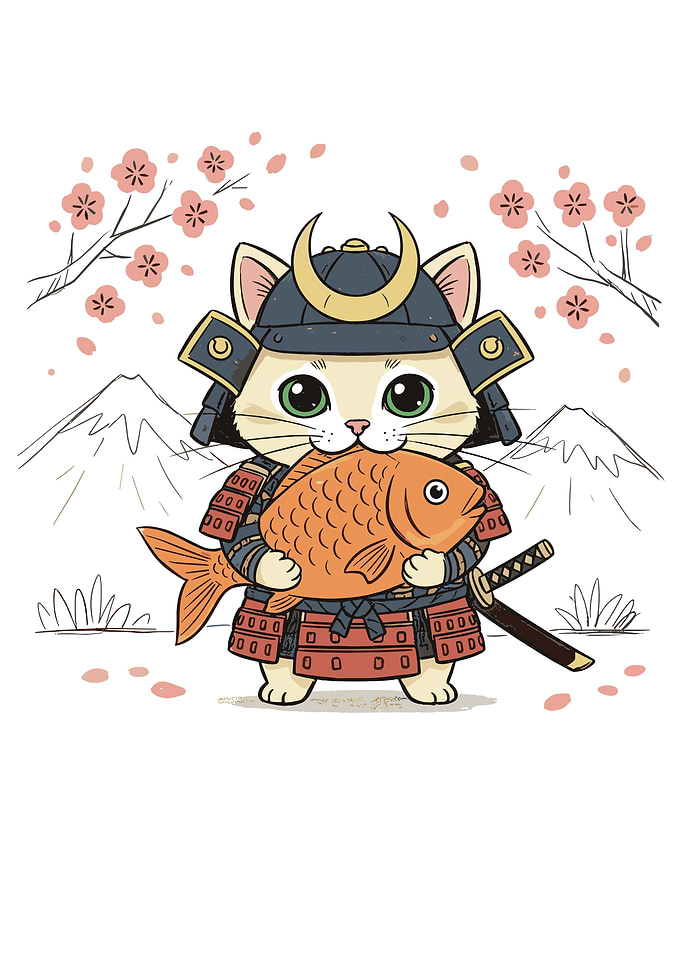 Samurai Cat with Fish Illustration