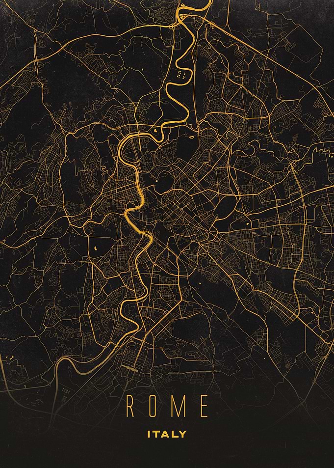 Rome City Streets Artwork in Black and Gold - Italy’s Historic Map Poster