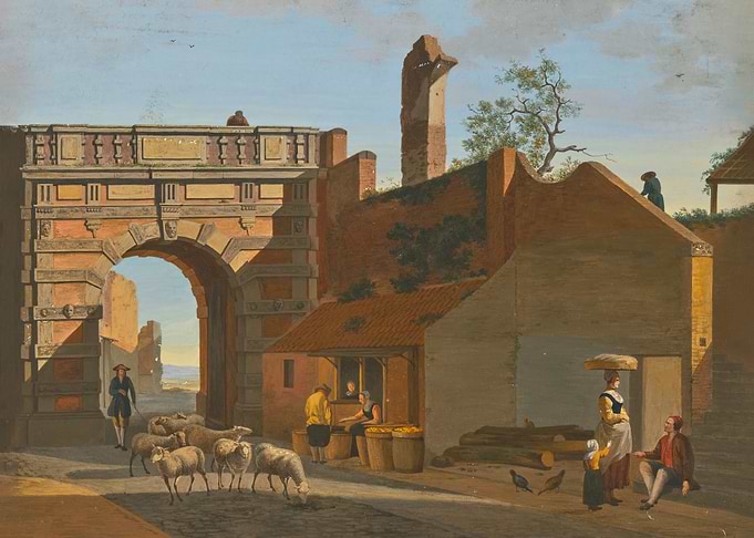 A shepherd drives seven sheep through a city gate