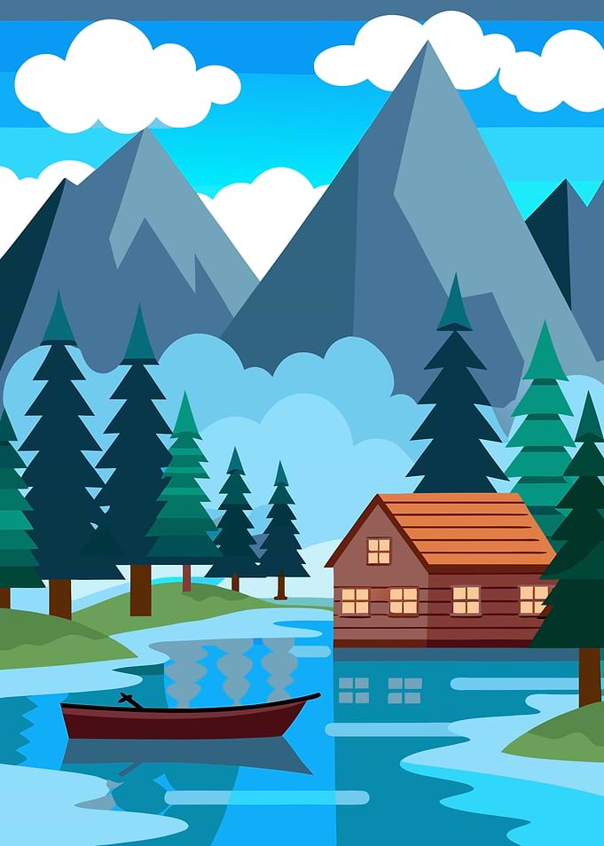 Mountain Cabin by the Lake Illustration Metal Wall Art