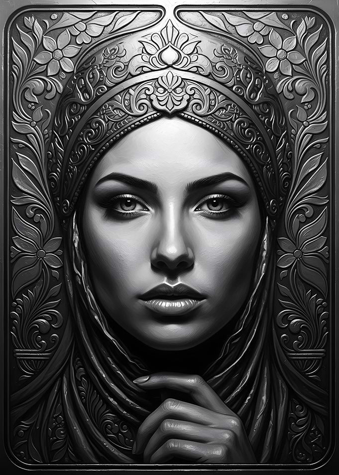 Monochrome Portrait of a Woman with Headdress
