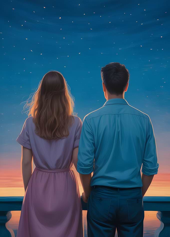 Couple gazing at starry night sky