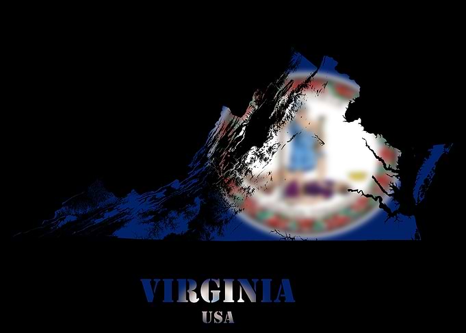 Virginia USA state Topographic Contour Relief Map blending terrain features into its emblematic colorful flag