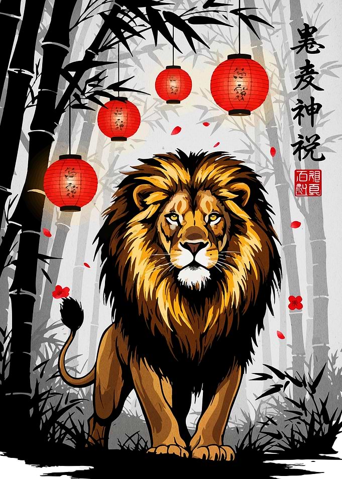 Lion in Bamboo Forest with Lanterns