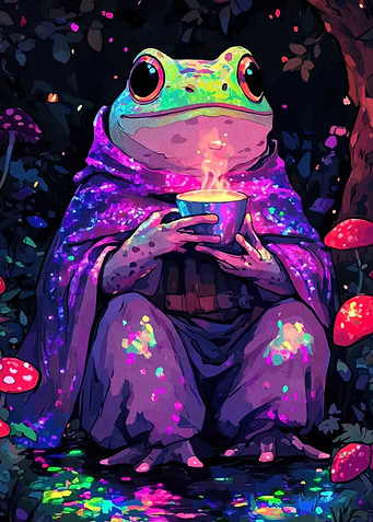 Frog Wizard Sipping Tea in Forest