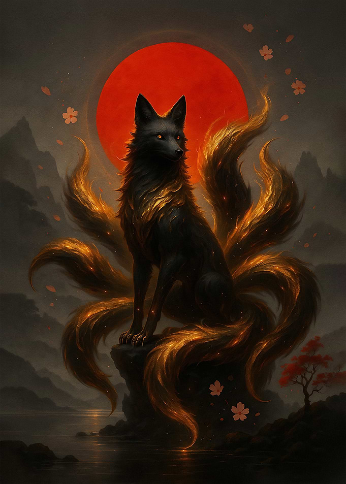 Nine-tailed Fox with Red Moon
