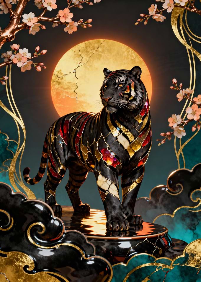 Ornate Tiger with Moon and Blossoms