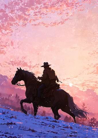 Cowboy on Horseback at Sunset