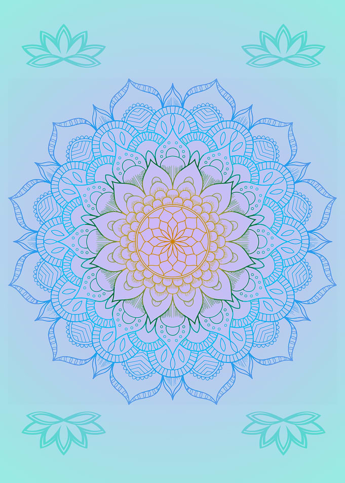 Blue and Yellow Mandala with Lotus Flowers