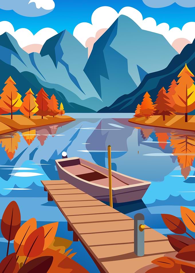Autumn Lake Scene with Boat and Dock Metal Print Art