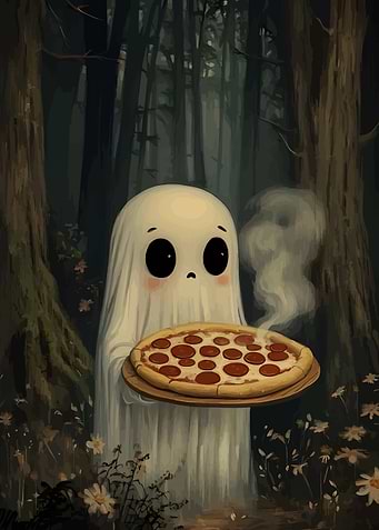 Cute Ghost with Pizza in Forest
