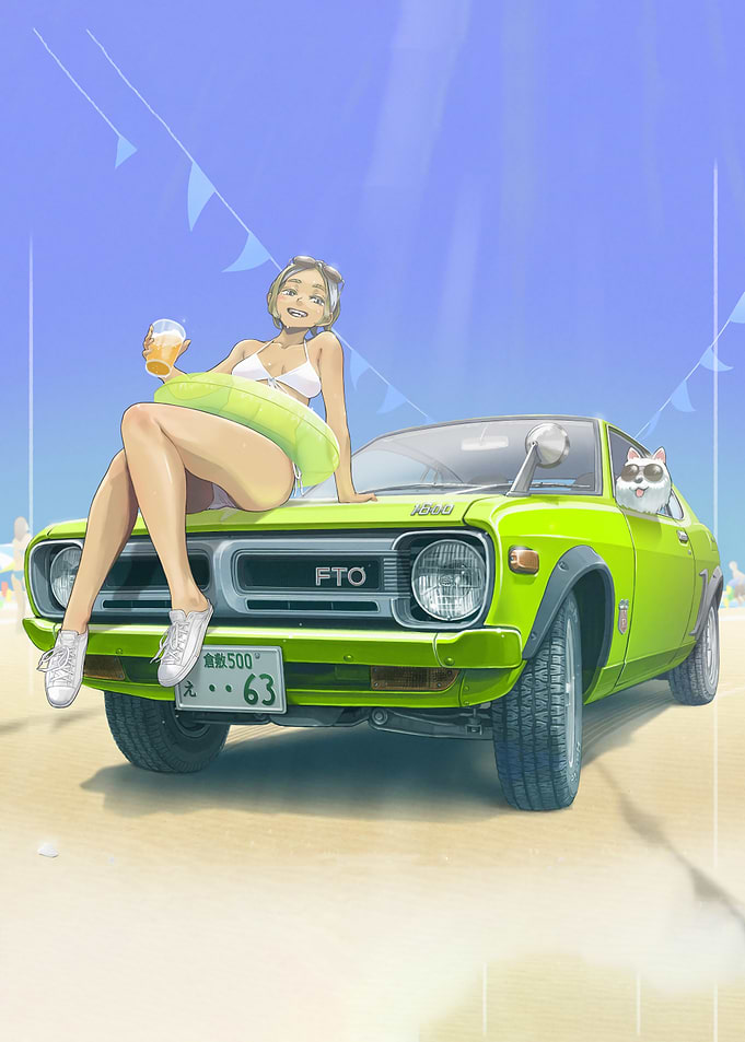 Anime girl on a green car