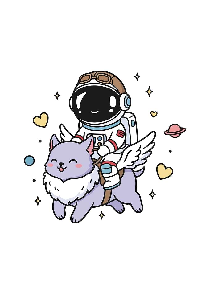 Astronaut riding winged cat in space