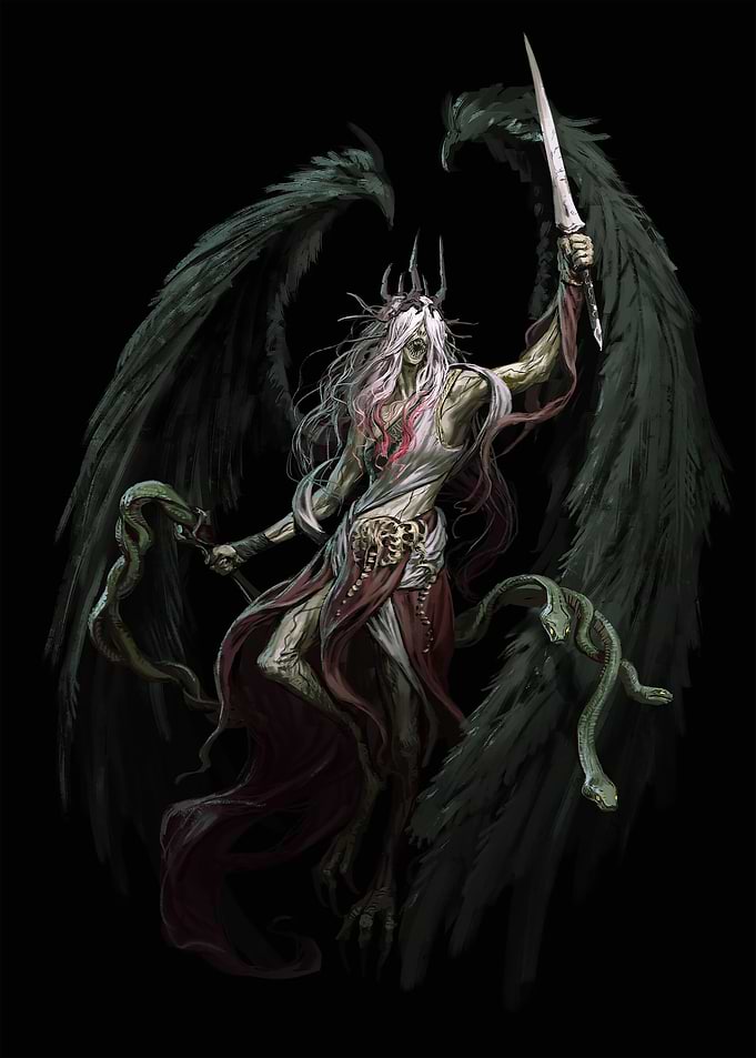 Winged Demon with Sword and Snakes