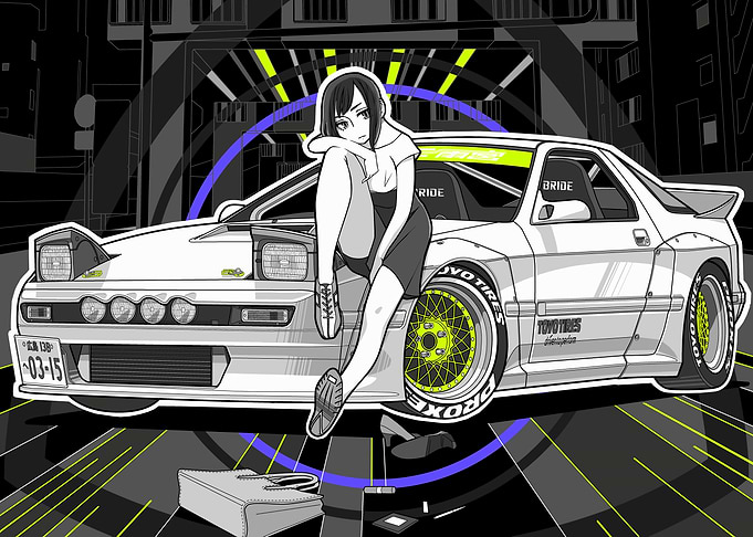Anime Girl with White Sports Car