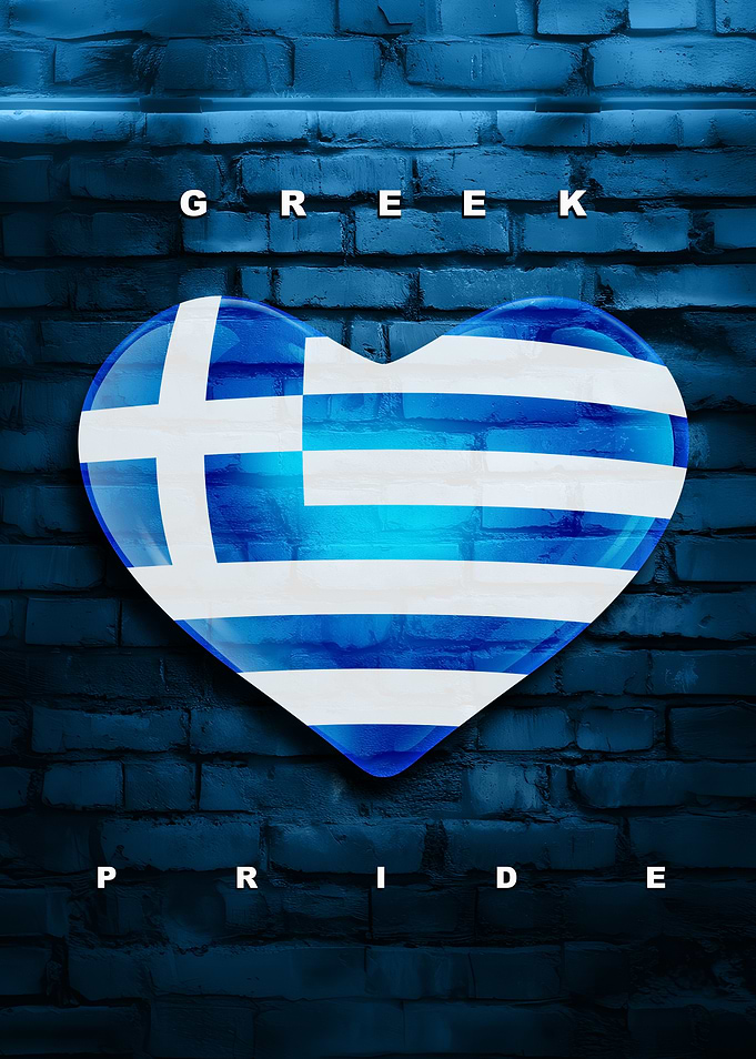Greek Pride Heart Flag on Brick Wall