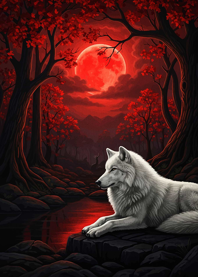 White Wolf Under Red Moon