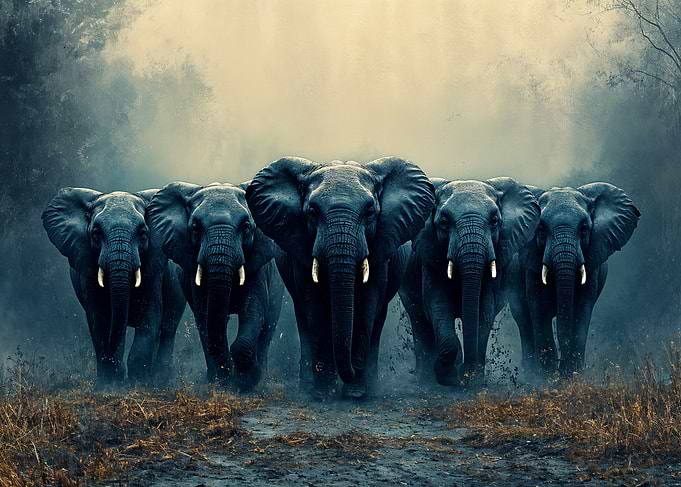 Elephant Herd in Misty Landscape