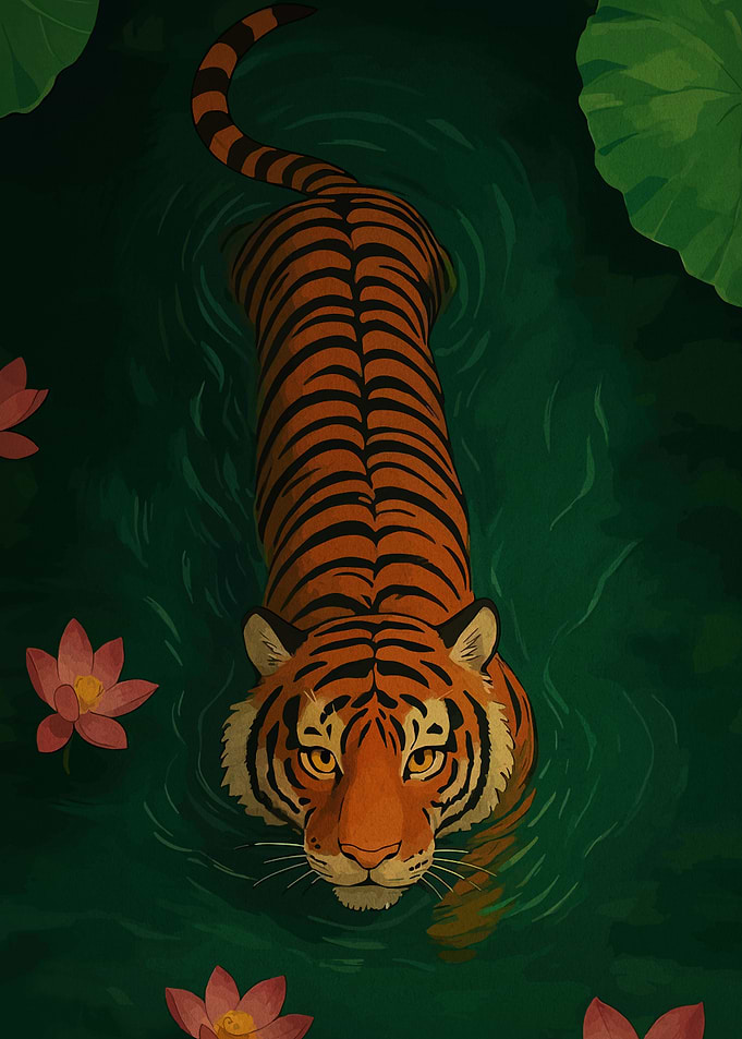Tiger swimming in water with lotus