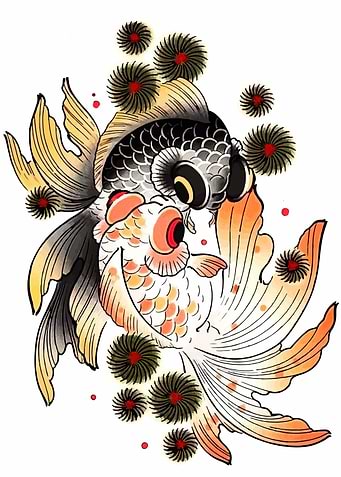 Two Goldfish with Floral Accents Illustration