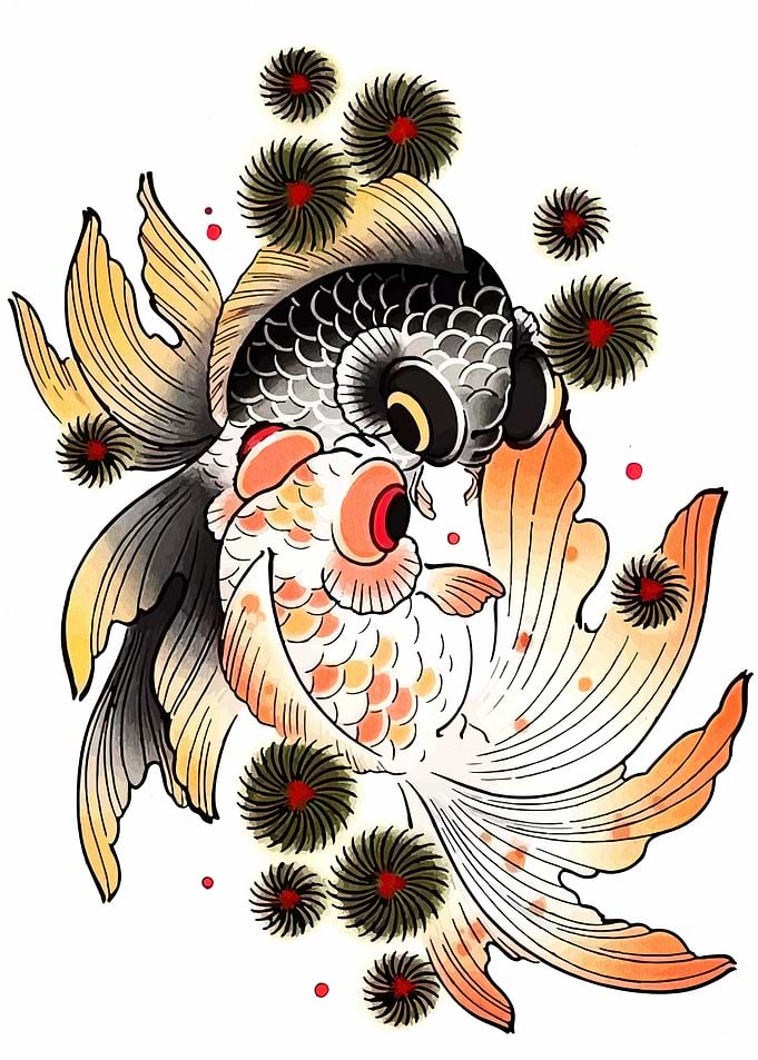 Two Goldfish with Floral Accents Illustration
