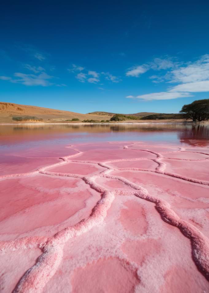 Pink Lake Landscape with Blue Sky