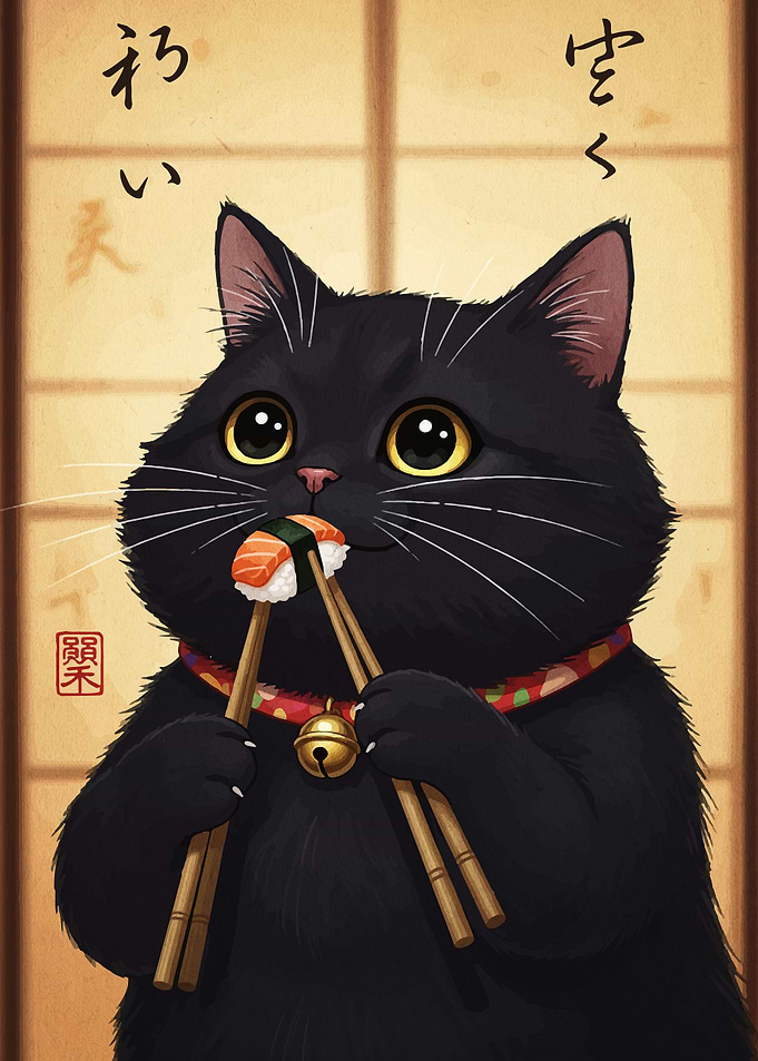 Black Cat Eating Sushi with Chopsticks