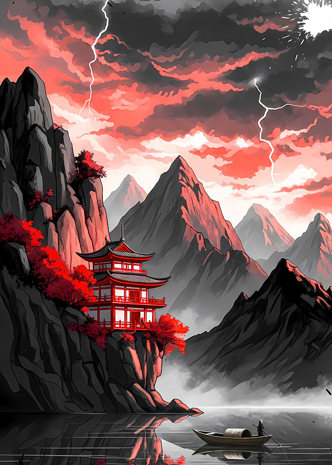 Japanese Pagoda with Lightning Storm