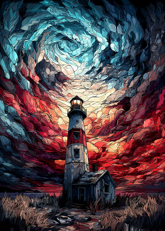 Lighthouse under swirling sky