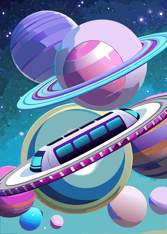 Futuristic Sky Train Looping Through Outer Space Planets and Neon Rings Metal Wall Print Art