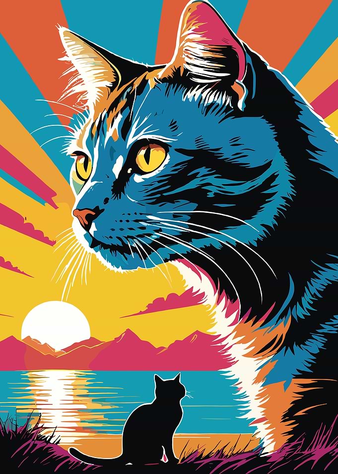 Colorful Cat Portrait at Sunset