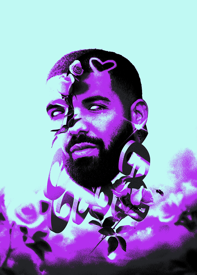 Drake Portrait with Floral and Text Overlay