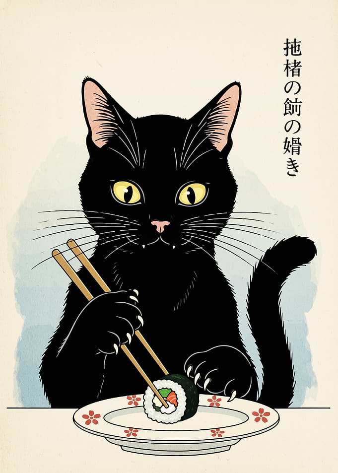 Black Cat Eating Sushi Art