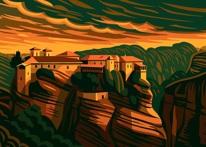 Meteora Monastery Landscape Illustration