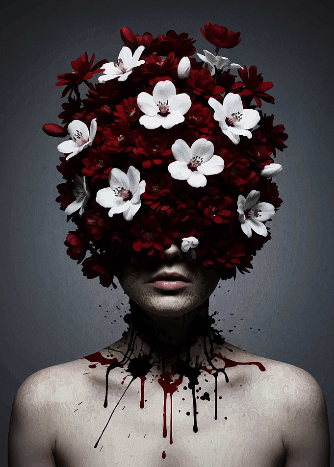 Floral Portrait with Dark Splatter