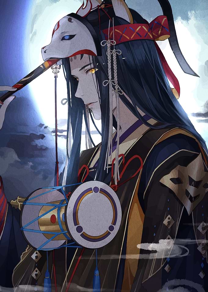 Anime character with fox mask and drum