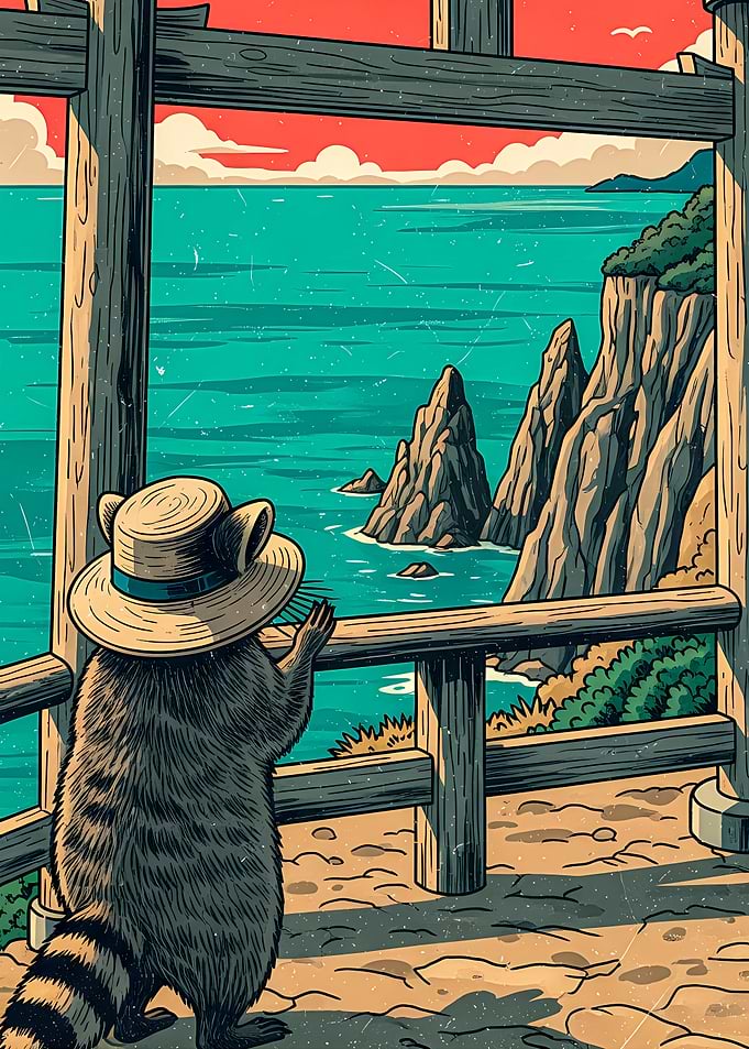 Raccoon with hat looking at sea