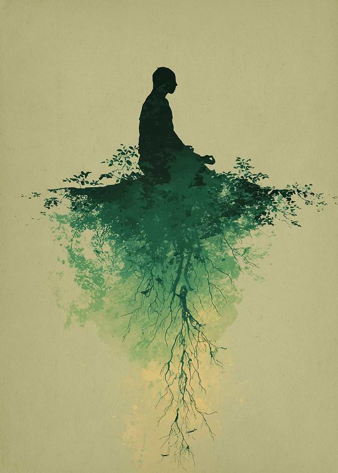 Meditating Figure with Tree Roots