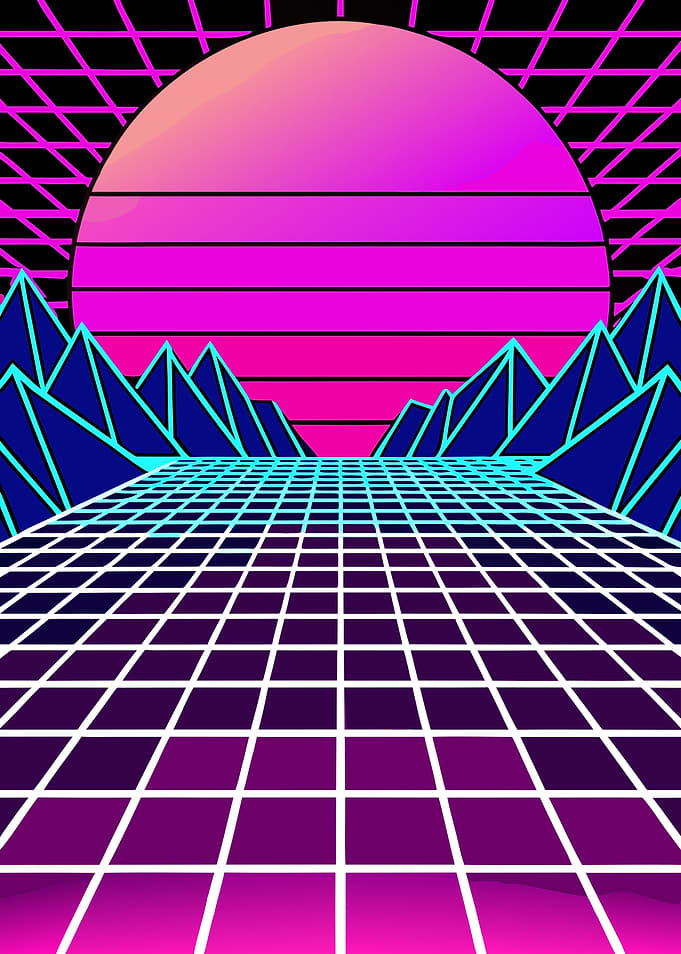 Retro Synthwave Vaporwave Infinite Grid Landscape Metal Print Wall Art