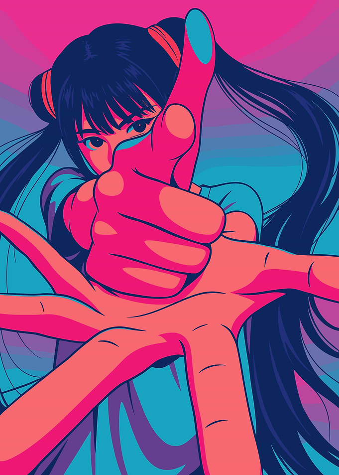 Anime Girl Pointing with Colorful Background