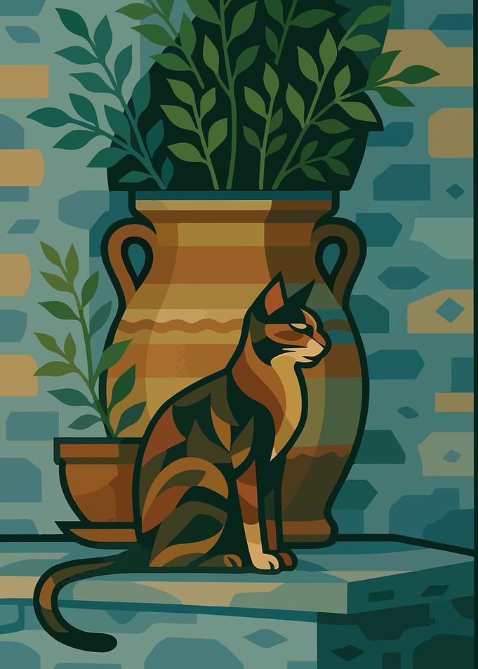 Cat with Plants and Pottery