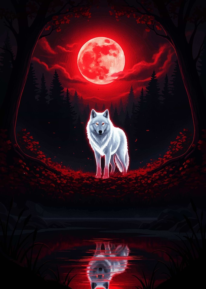 White Wolf Under Red Moon